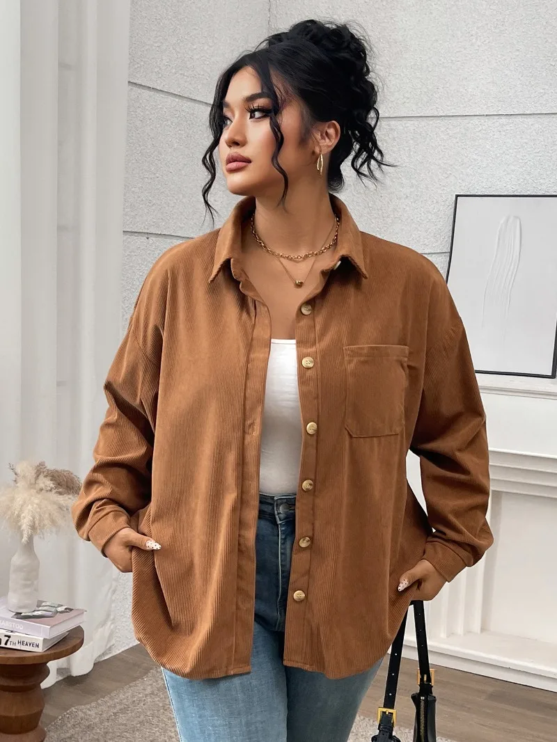 KEXU 2025 신상 가을 겨울 여성 셔츠 코트 플러스 사이즈 아우터 솔리드 컬러 라펠 코듀로이 캐주얼 재킷