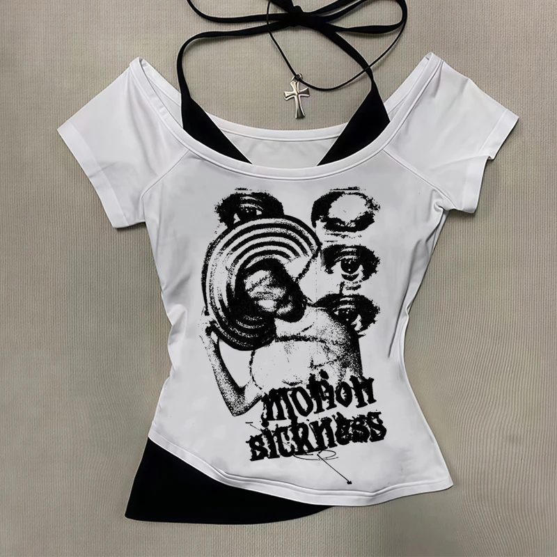 

2000s street fashion Gothic girl devil cut dark top t-shirt with pure black print retro short sleeved vest Y2k specialty clothin