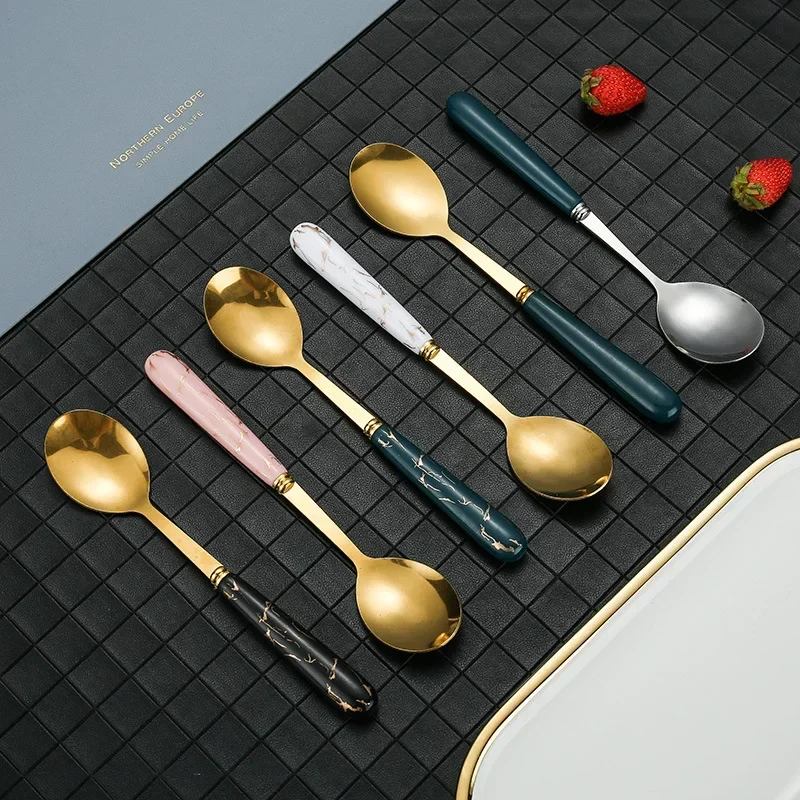 Stainless steel imitation ceramic handle net red Korean spoon beauty creative home coffee stirring spoon