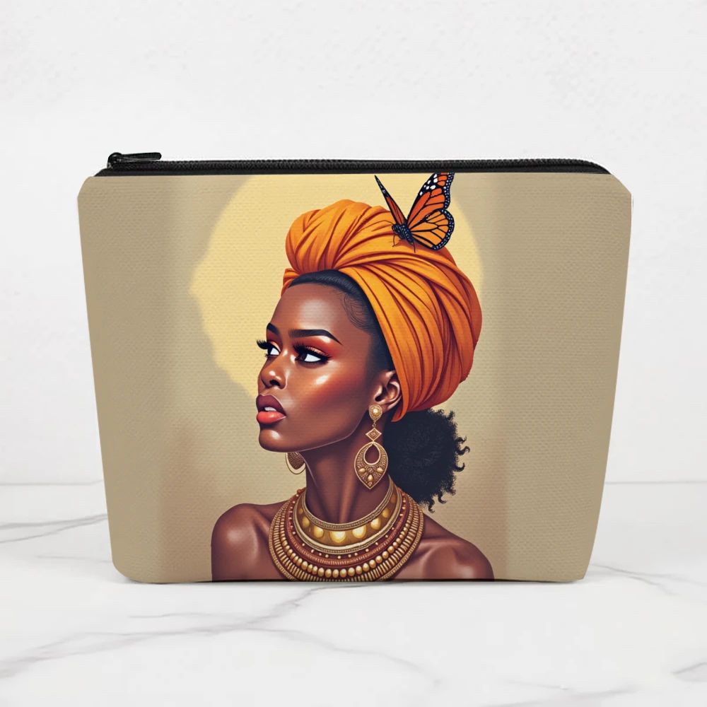 African Woman With Orange Turban And Butterfly Makeup Bags for Girls Cosmetic Pouch Toiletry Bag Pencil Case Travel Storage