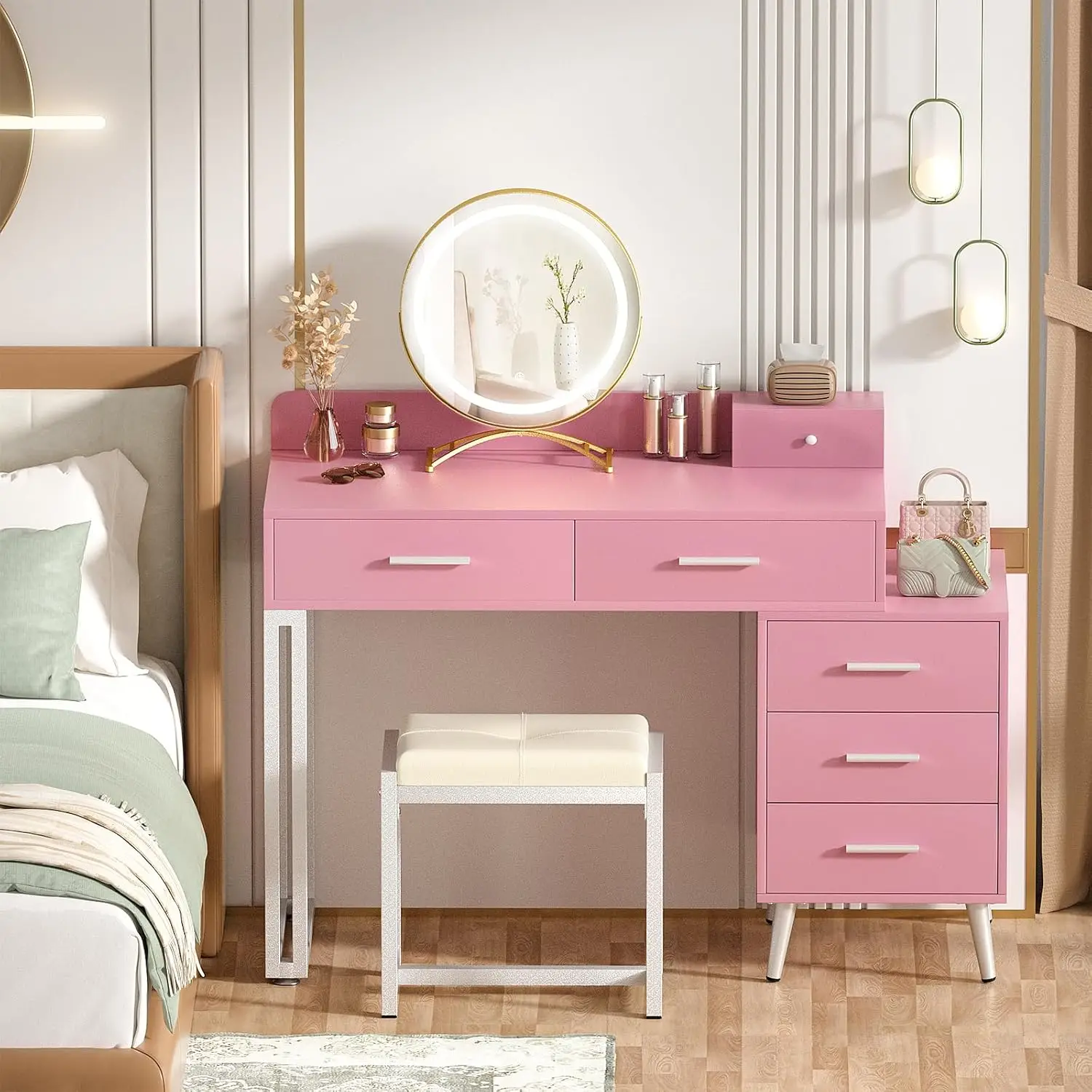 Pink Vanity Desk with Mirror and Lights, Modern Makeup Vanity Table Set with 6 Storage Drawers and Cushioned Stool for Bedroom