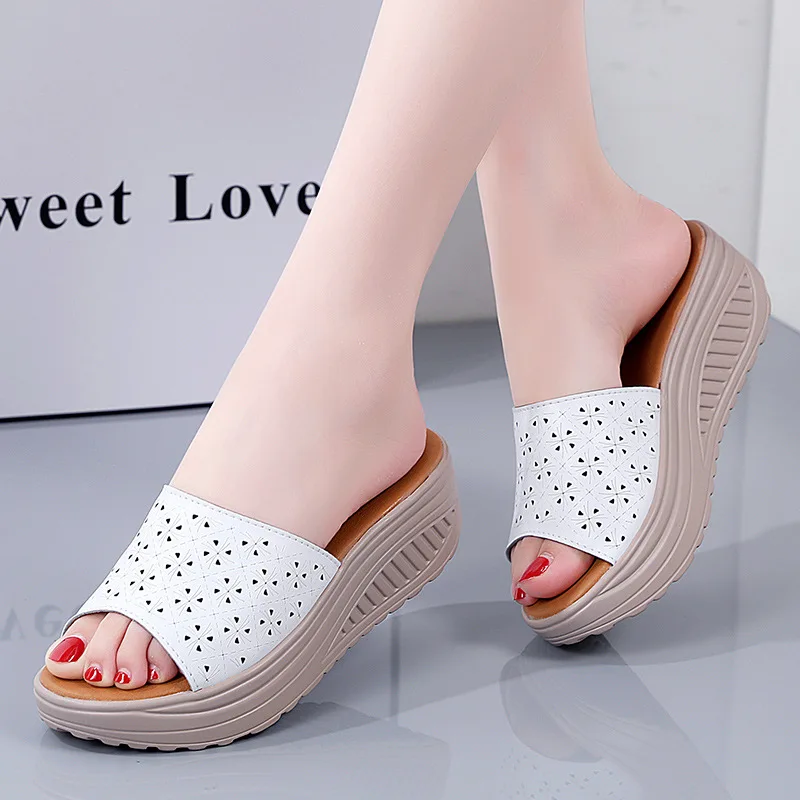 

Genuine Leather Women Slippers High Heels Wedges Sandals Summer Shoes Platform Thick Soled Outside Slippers for Women WSH5303