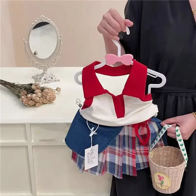 Fashion Kids Children Casual 2pcs Clothes 2025 Girls Baby Summer Clothing Set Backless Tops Shirts+plaid Denim Skirts