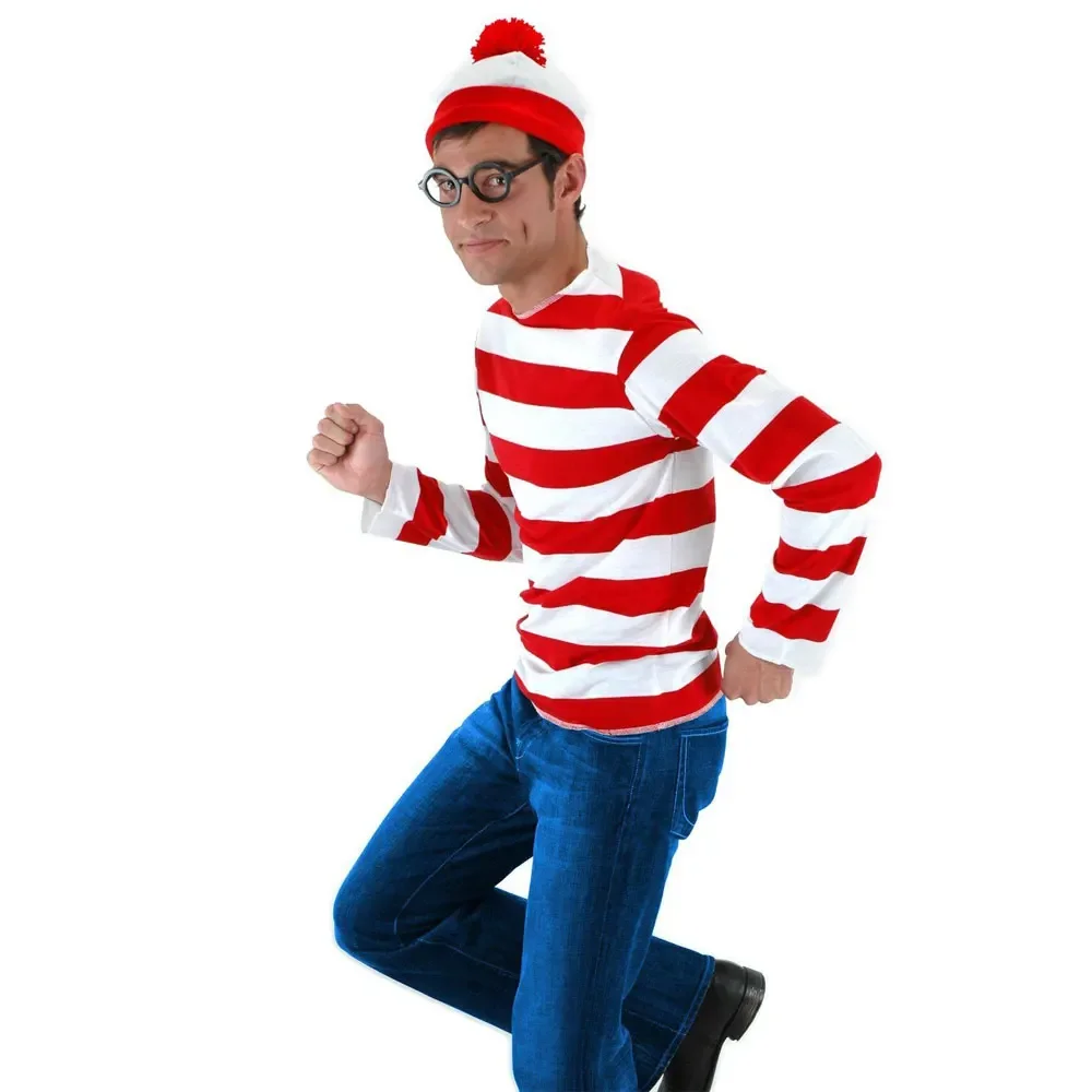 Where's Wally Waldo TV Cartoon Stag Night Outfit Mens Fancy Dress Costumes Halloween Red Stripe Shirt Christmas Outfit Costume