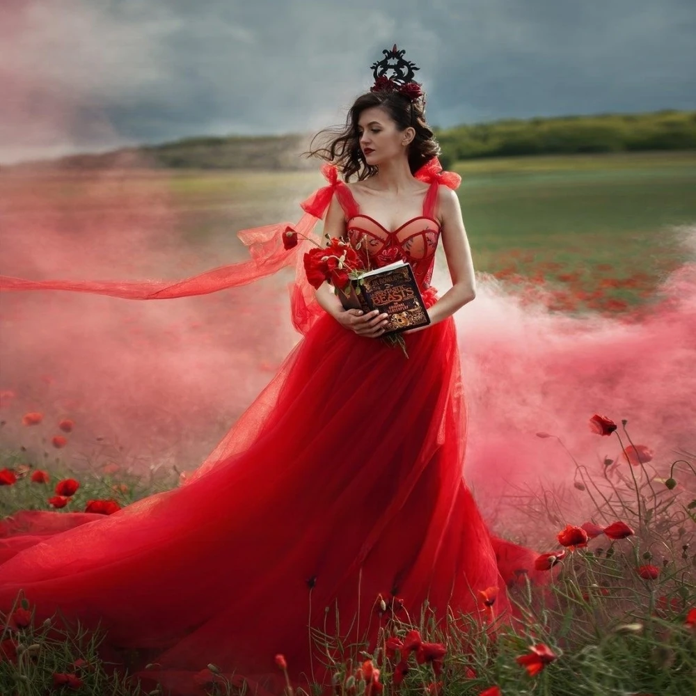 Vestido de Baile Vermelho Querida com Appliqué, Gravata A, Arco com Appliqué, Vestido de casamento