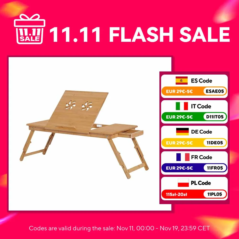 HOMCOM Mesa Ordenador Portátil Bambú Bandeja Cama Plegable Ajustable Reclinable
