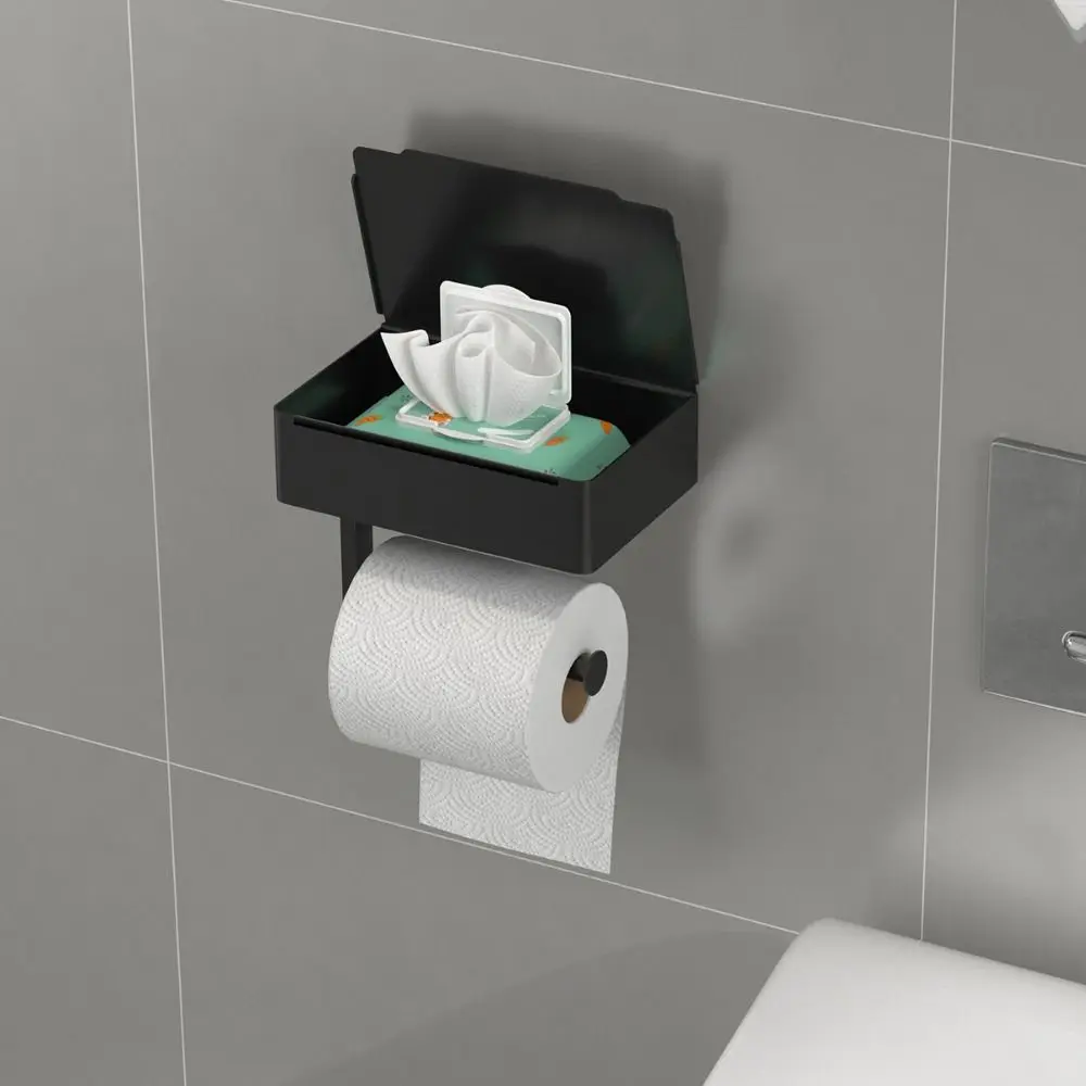 Stainless Steel Toilet Paper Holder Self-Adhesive Storage Box Toilet Roll Rack with Shelf Strong Load Bearing Multi-Functional view 2