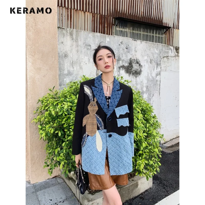 Women Harajuku Y2K Patchwork Notched Collar Long Sleeve Blazers 2023 Autumn Winter Vintage Casual Single Button Loose Suits