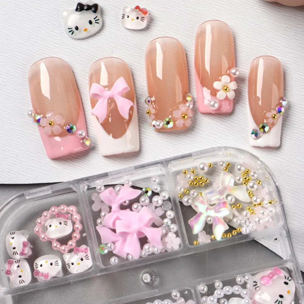 6 تقلد لطيف الكرتون كيتي القط القوس مسمار السحر مختلط الراتنج مرحبا كيتي اللؤلؤ Bowknot حجر الراين الأحجار الكريمة الوردي كيتي مسمار الفن الديكور