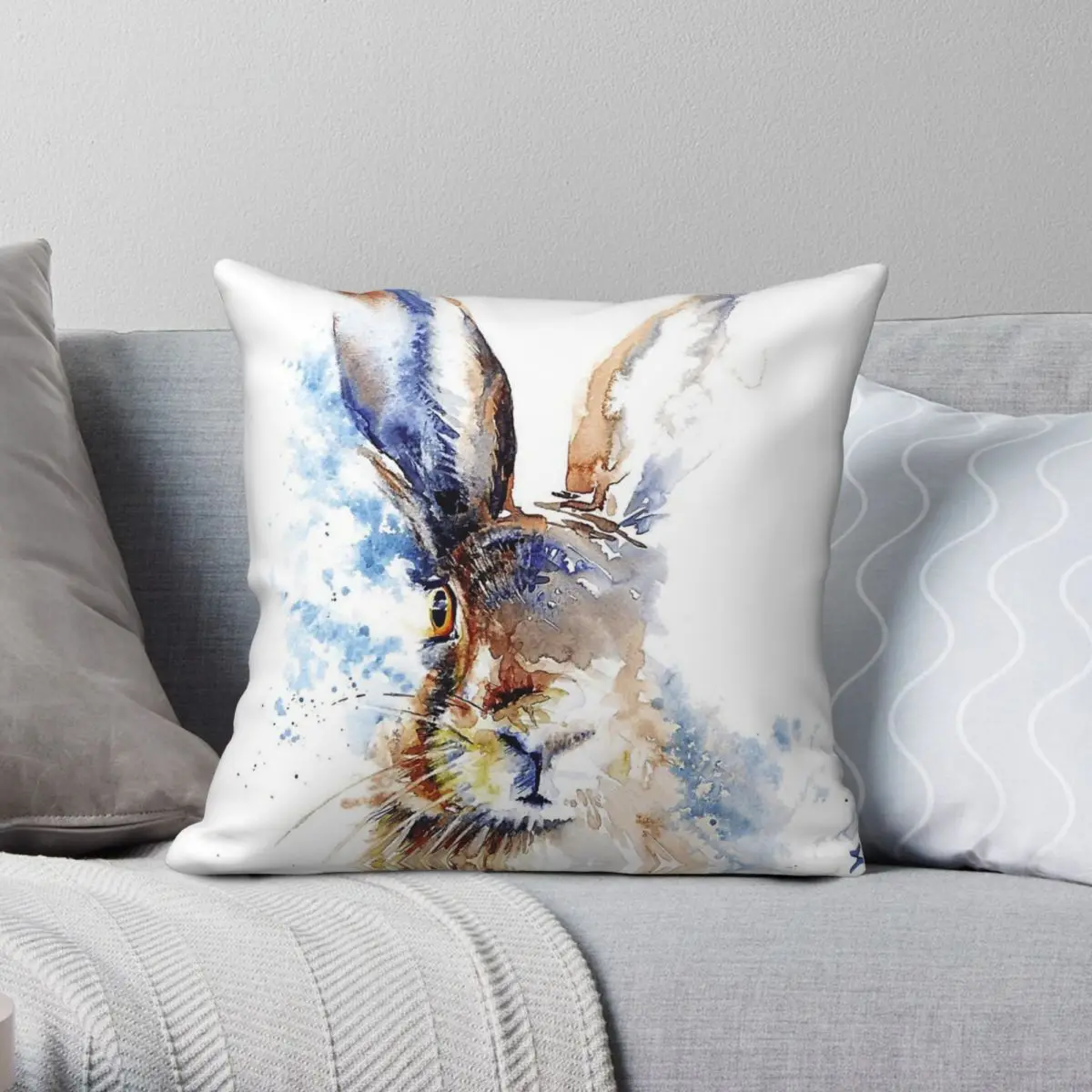 Barley Hare Watercolour Square Pillowcase Polyester Linen Velvet Creative Zip Decorative Room Cushion Case