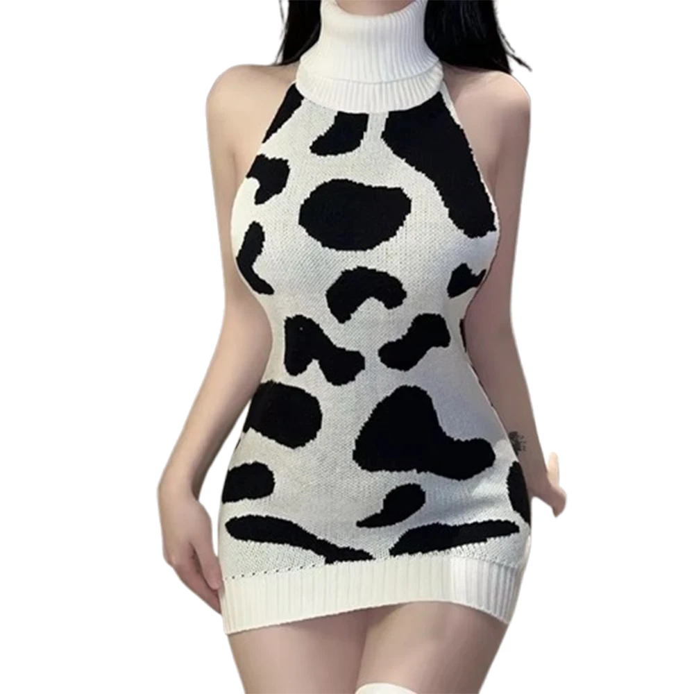 

Cute Cow Maid Cosplay Sexy Backless Cow Women Sling Sweater Knitted Dress Uniform Seduction Lingerie Playful Cat Anime Lolita