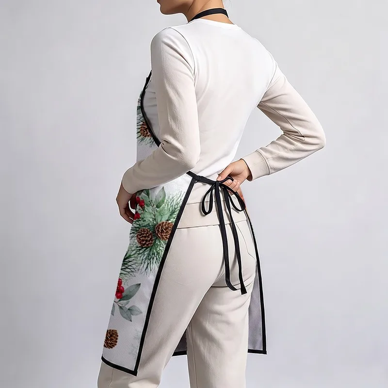 1PC【Apron】2DFlat effect，Nordic-style print featuring a pattern of red sparrows, pine branches, berries, and snowflakes，Reusable