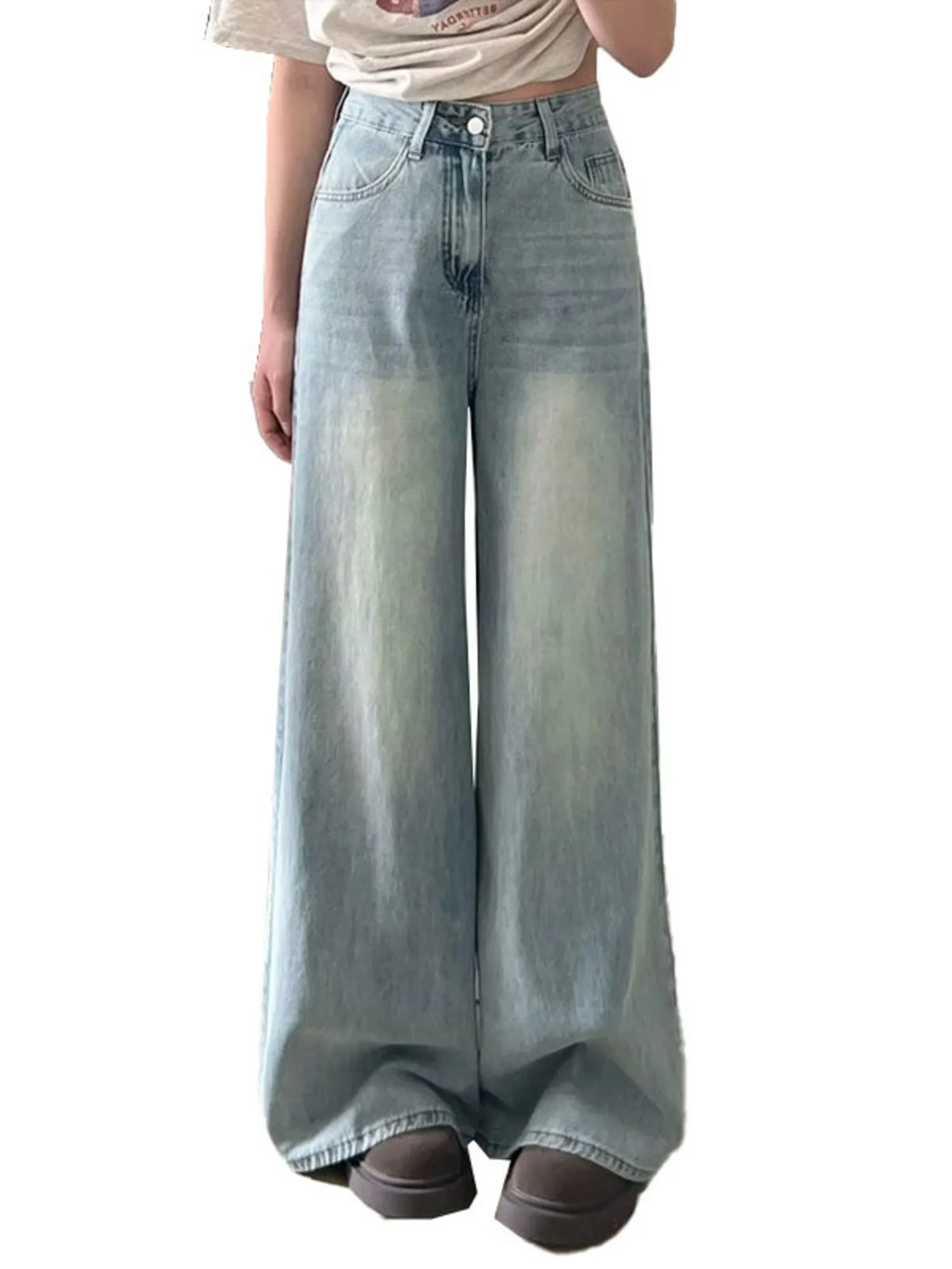 

Women Vintage Washed Wide Leg Jeans High Waist Baggy Denim Pants Y2K Casual Streetwear