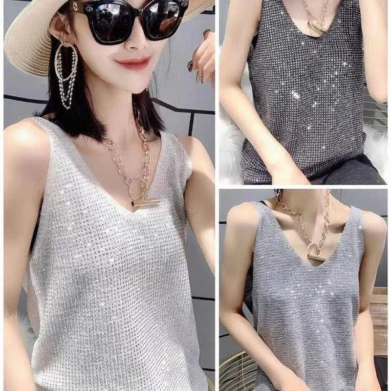 

Ladies Plus Size Diamond-studded Summer Loose Short T-Shirt Sleeveless Versatile V-Neck Bottoming Shirt Camisole