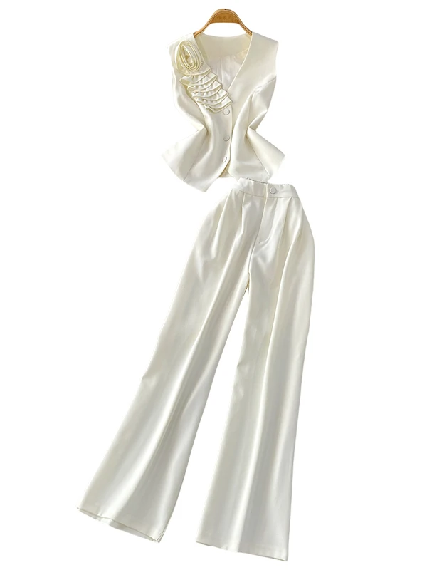 

Ele V-образный вырез, вышитый цветок, утягивающий костюм с высокой талией, комплект из двух предметов, модная повседневная женская одежда Busin