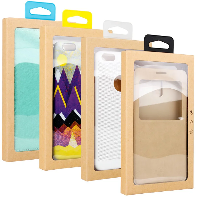 

50PCS Universal Mobile Phone Case Packaging Box Brown Kraft Paper Boxes With Clear Window Jewelry Display Box For Phone