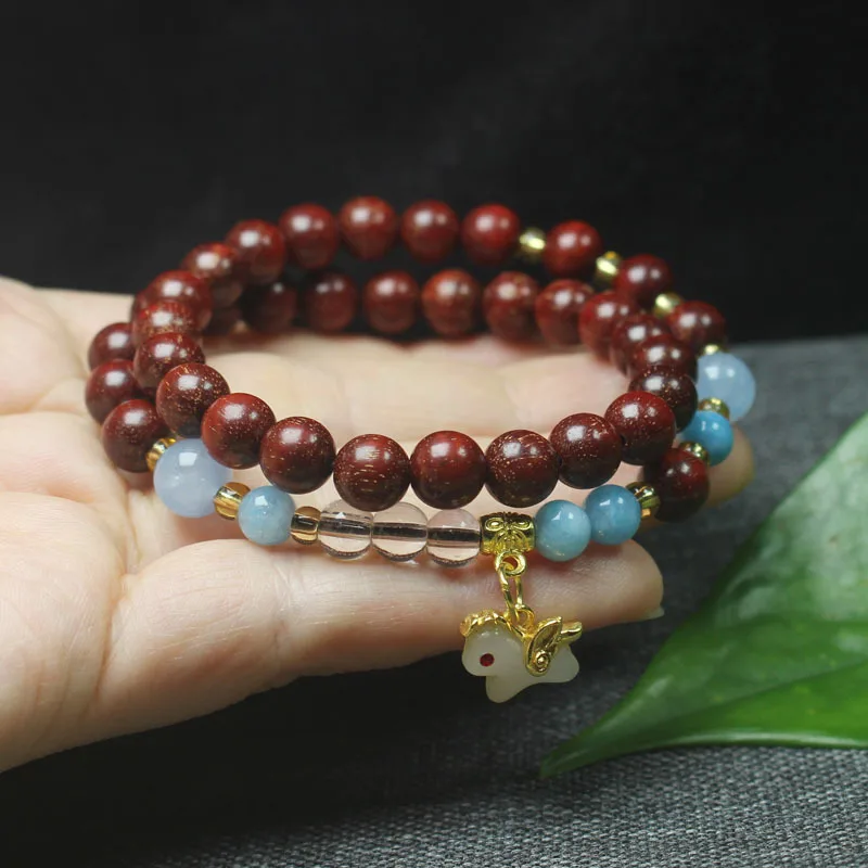 Black rosewood and blood sandalwood 8mm double-loop bracelet with small horse pendant, women's elegant cultural and spiritual pr