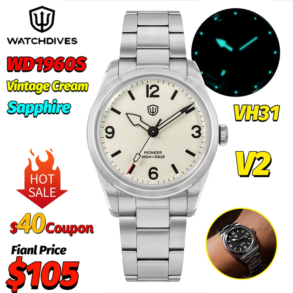 Watchdives WD1960S V2 Vintage Cream 36Mm Quartz Watch Man VH31