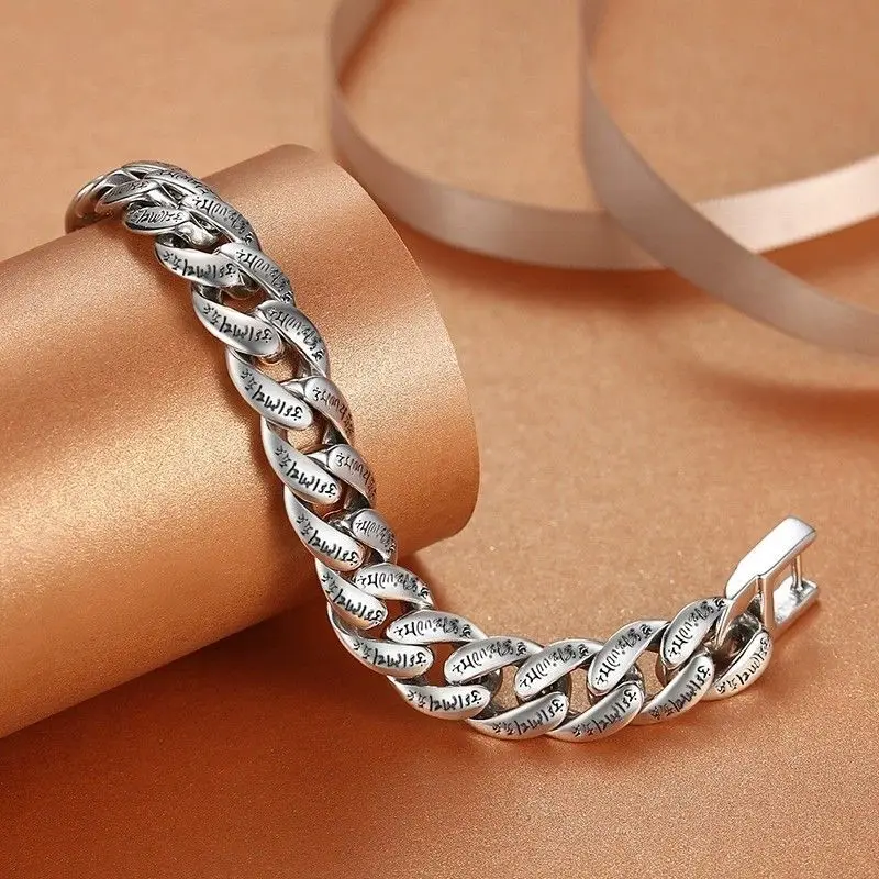 S925 Sterling Silver Six-Character Mantra Personalized Peace Pattern Hip Hop Man Bracelet Wide Version Jewelry Accessories