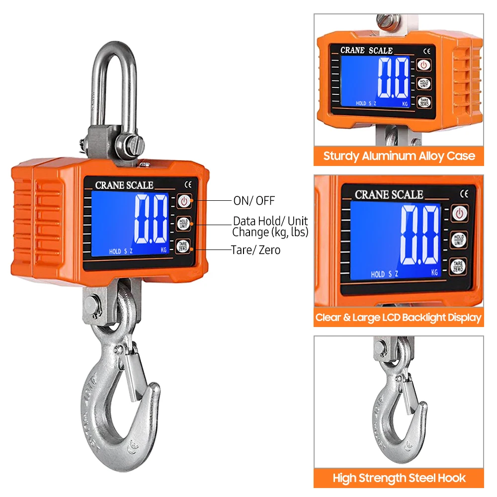 Digital Hanging Scale 1000kg/ 2204lbs Portable Heavy Duty Crane Scale LCD Backlight Industrial Hook Scales Unit Change/Data Hold