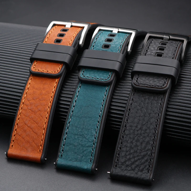 Quick release Genuine Leather strap with  Men Waterproof Silicone Rubber bottom watchband 22mm  Universal Accessories Watchband