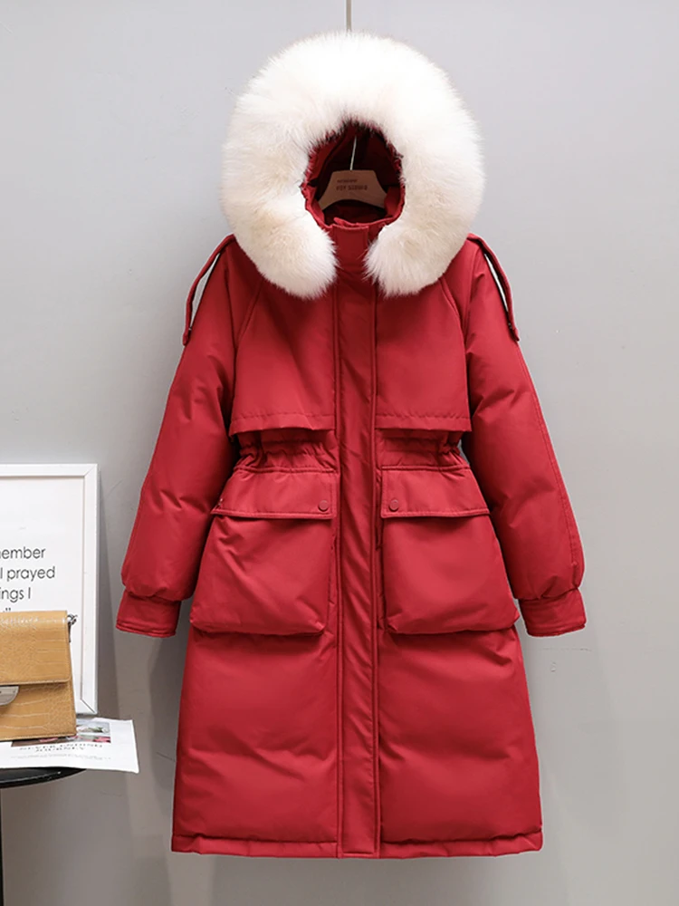 Fitaylor Winter Frauen Lange Jacke Große Natürliche Pelz Kragen Mit Kapuze Parkas 90% Weiße Ente Unten Mantel Dicke Schnee Warme Outwear