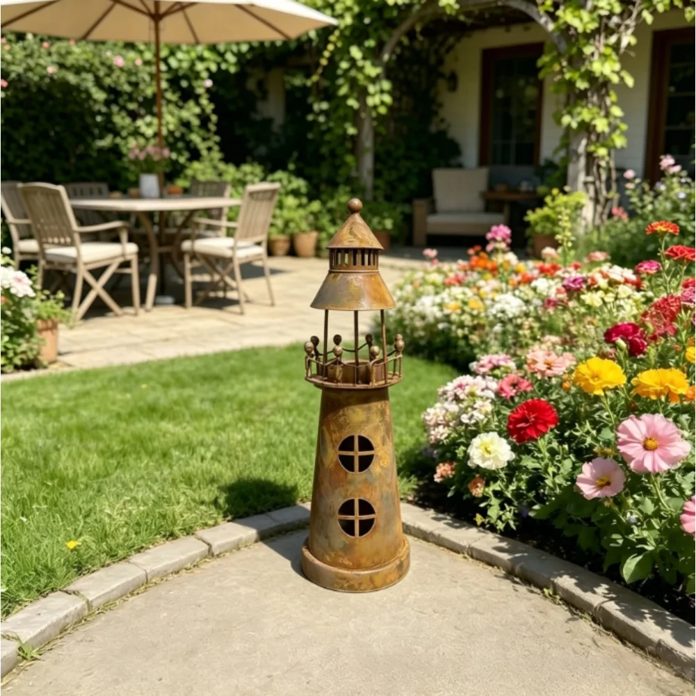 Iron Candlestick with Rust Finish Lighthouse Outline Geometric Structure for Indoor Outdoor Decoration 31.5x9cm