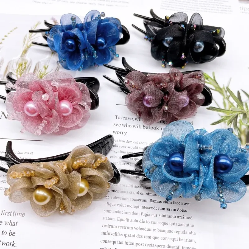 Fashion Elegant Weaving Copper Wire Flower Hairpin Hair Accessories for Women Back Brain Spoon Acrylic Swallowtail Clip Headwear