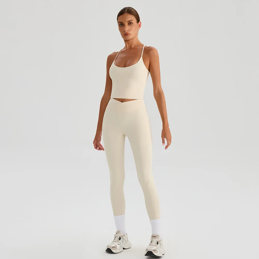 

Maxdutti Naked Sports Bra Women's Fitness Suit Slim Pants Set Breast Pads Yoga Bra Camisole T-shirt Woman Clothing Two-piece Set