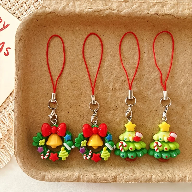 2pcs Christmas Resin Keychain + Phone Lanyard Christmas Wreath Tree Ornaments Adorable Bag Accessories Holiday Gifts