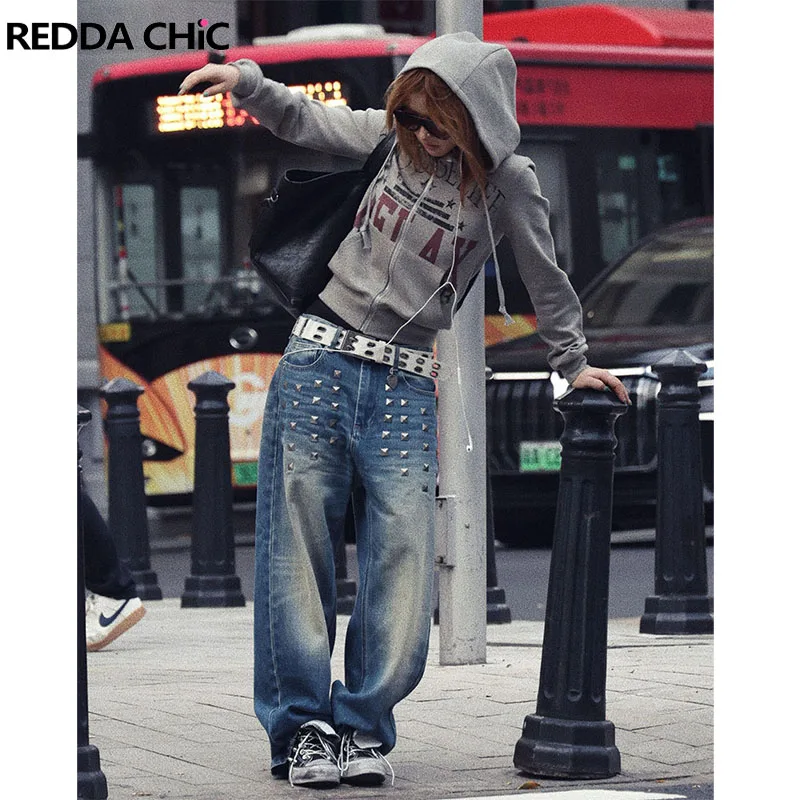 

ReddaChic American Retro Washed Rivet Design Straight Jeans for Men Women Casual Wide Leg Denim Pants 2000s Y2k Harajuku Unisex