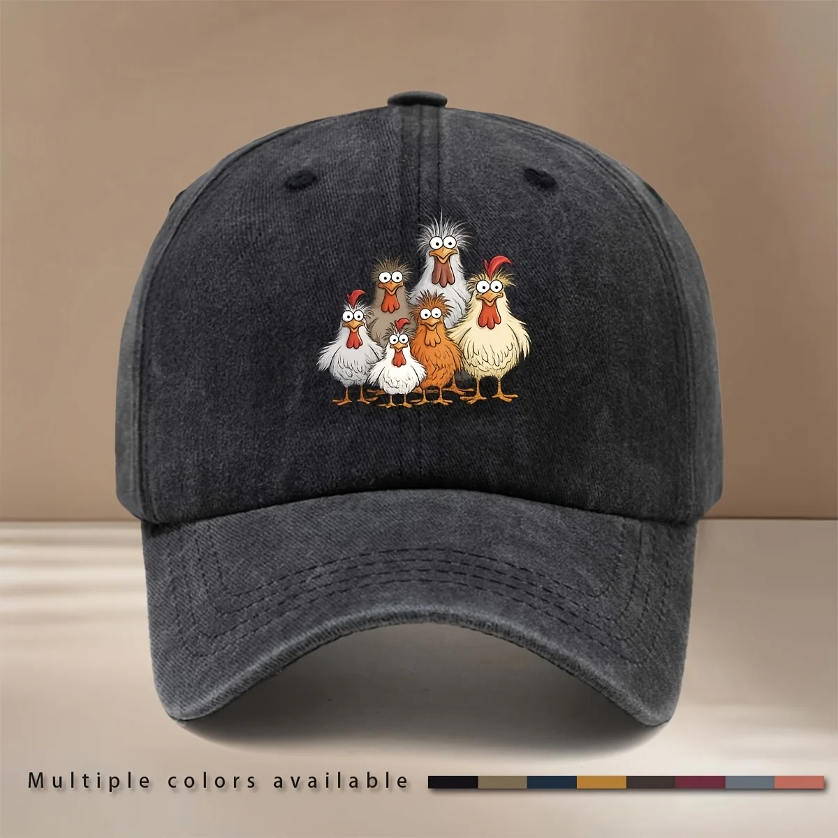 This Is a Baseball Cap with a Funky Chick Print, Featuring a Six-panel Design. It's Stylish, Comfortable, and Adjustable in Size