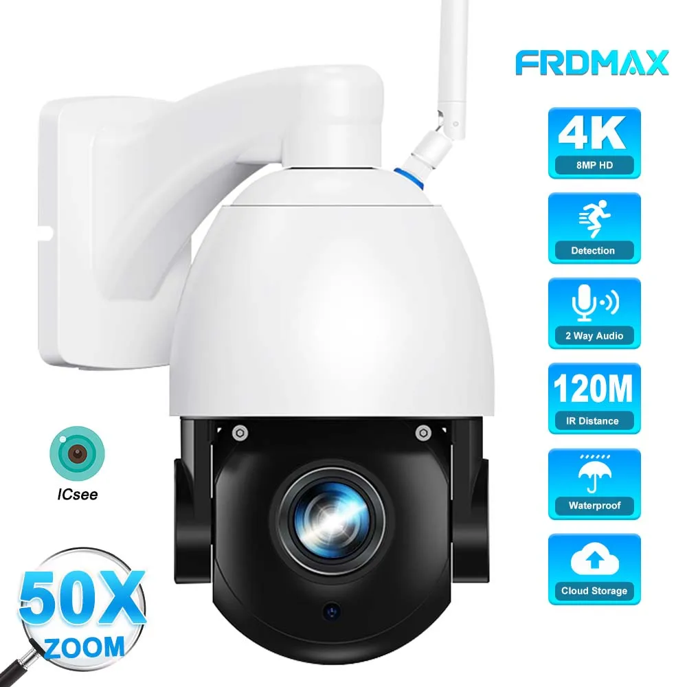 4K 8MP PTZ IP Camera Outdoor 50X Zoom WiFi Surveillance Camera 120M IR Distance Security Protection Metal Shell Smart CCTV Cam