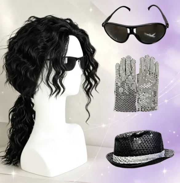 Perruque noire mi-longue bouclée pour cosplay Michael Jackson, perruque de jeu de rôle Michael, perruques de cosplay d'Halloween