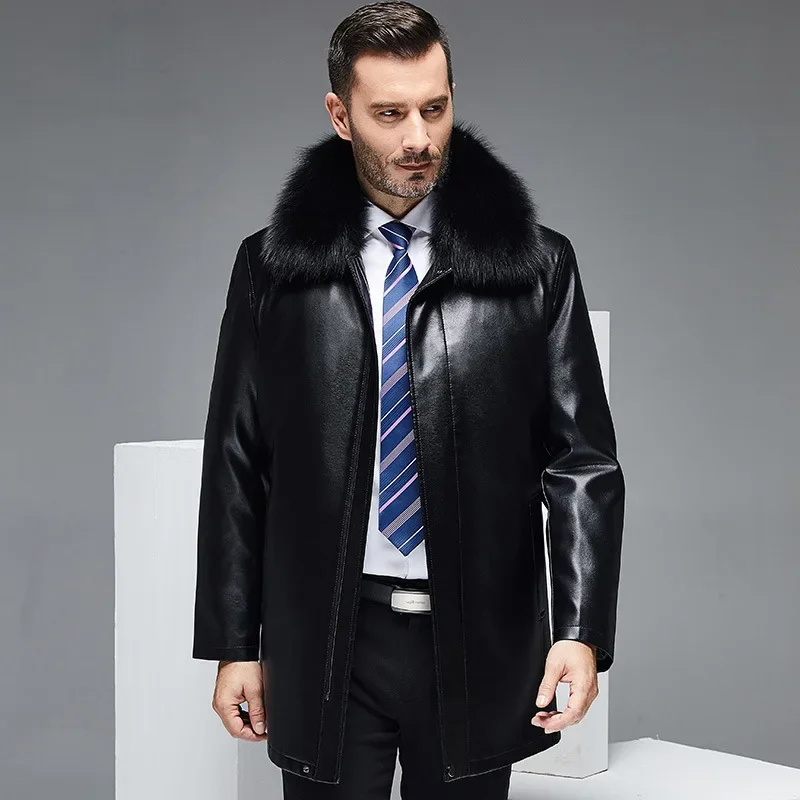 

Real Fox Fur Collar PU Leather Coat Men Midium Business Casual Jackets for Man Detachable Inner Winter Coats Male Tops FCY4680