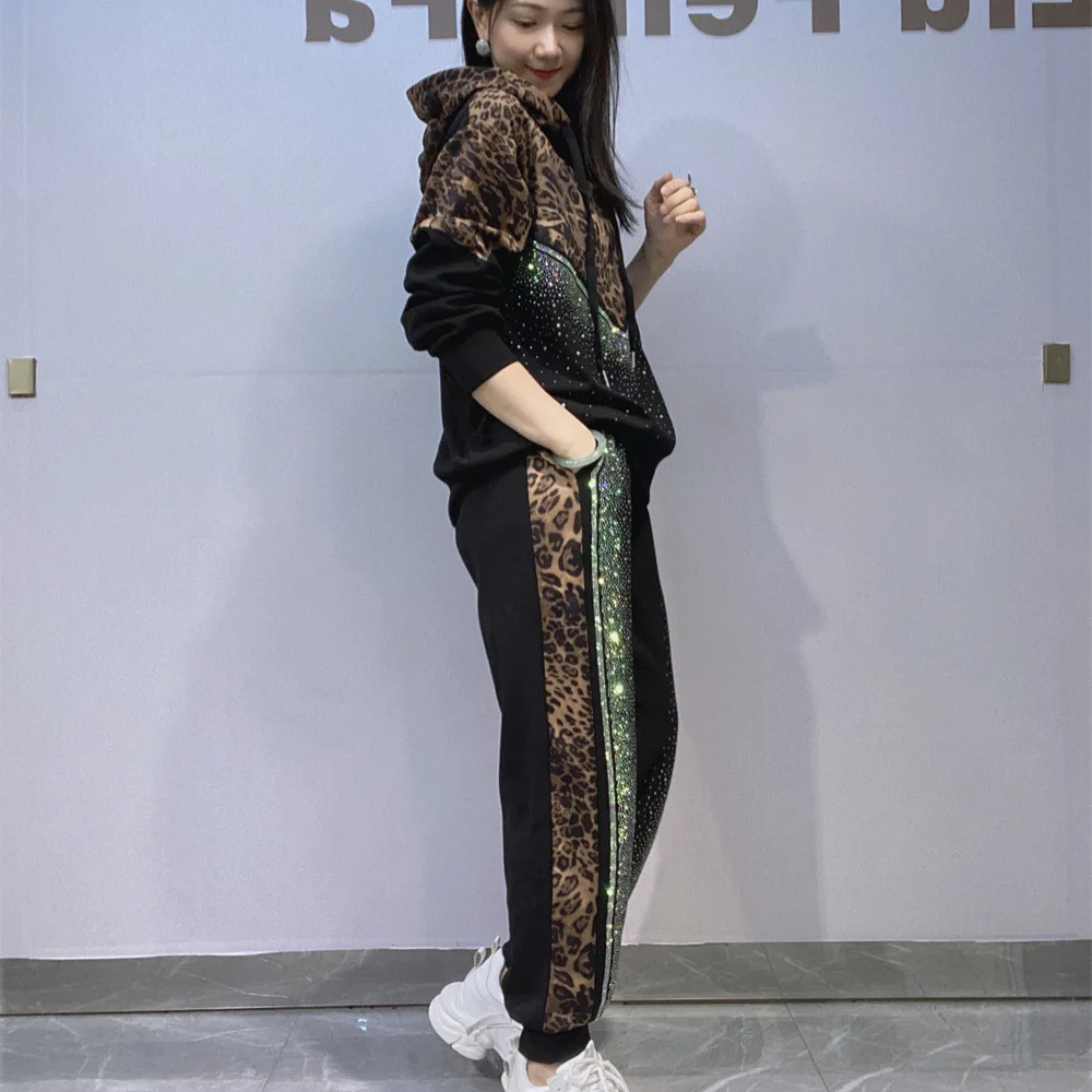 Autumn Leopard Print Patchwork 2 Piece Sets Womens Outfits Loose Bright Diamonds Casual Hooded Patchwork Side Stripe Tracksuit