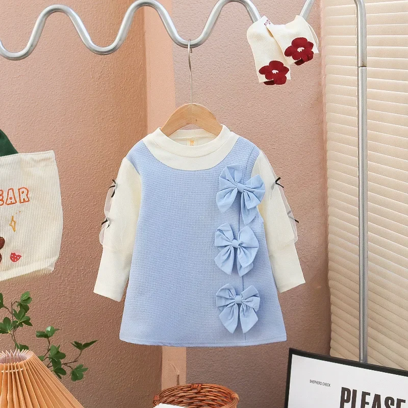 Fall New Girls Dress Birthday Party Team Dress Long Sleeve Fake Two Bows Decorated Sweet Princess Dress Outdoor Street Photo