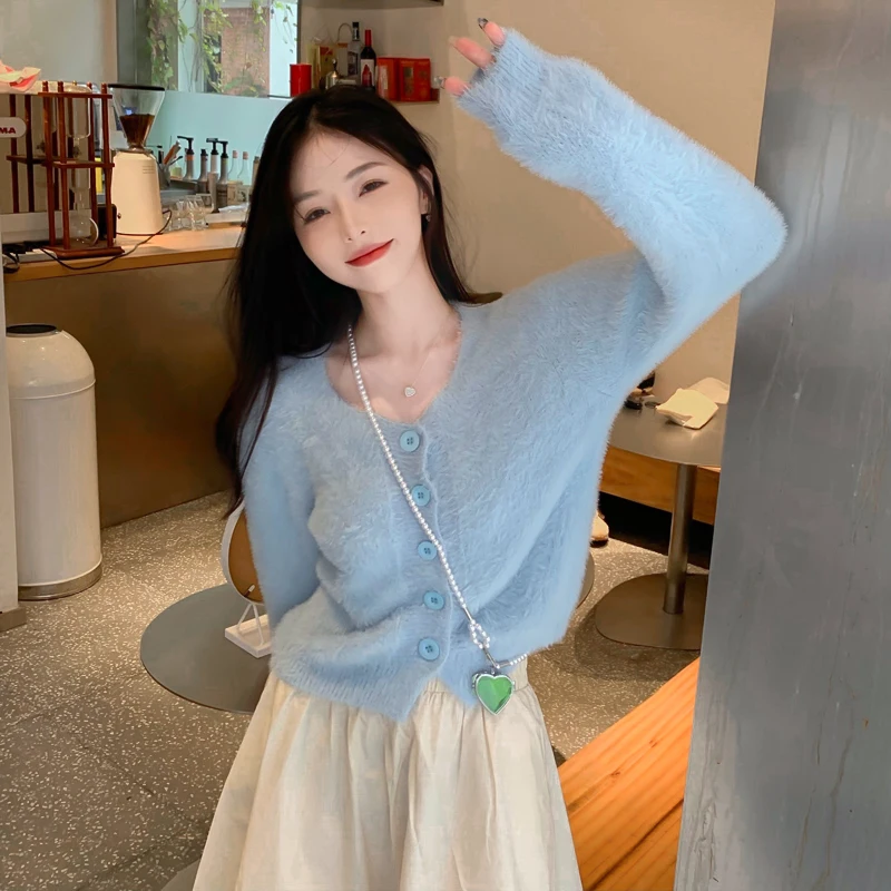 Korean Fashion Sweet Candy Color Short Cardigan Women Girls New Autumn Winter Warm Round Neck Long Sleeve Sweater Coats