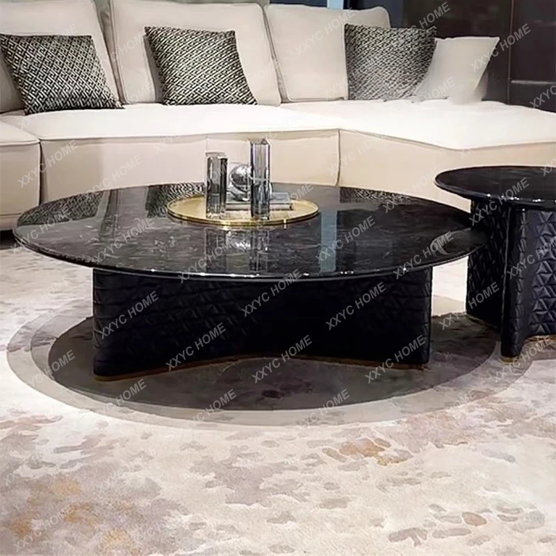 JJLight Luxury Italian Simple Modern Natural Marble Leather Embroidery Luxury Home Living Room Coffee Table