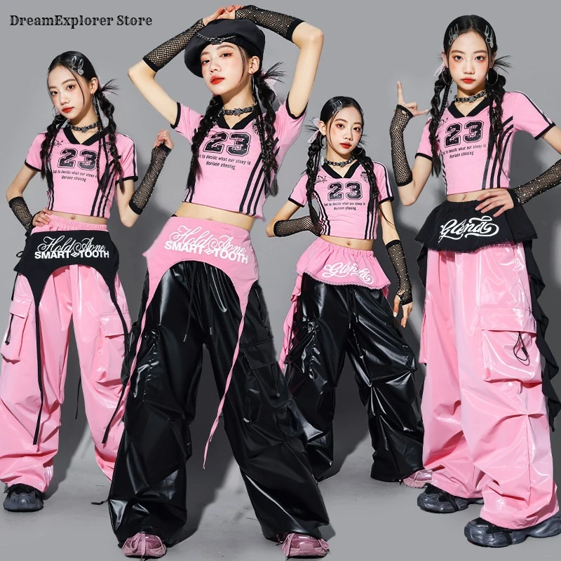 Girls K-pop Crop Top Cargo Pants Dance Tiered Skirts Children Pink Costumes Kids Hip Hop Streetwear Jazz Girl Group Clothes Sets