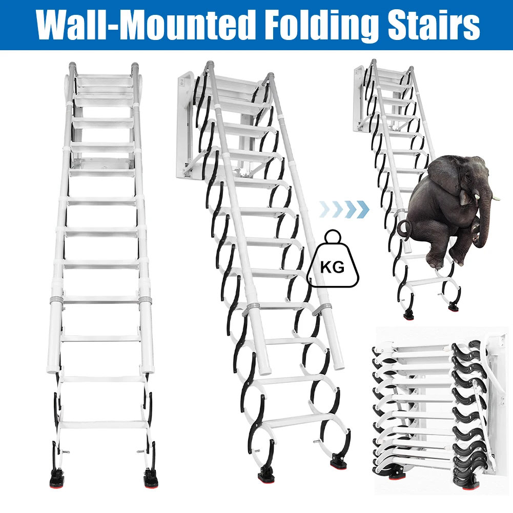 

Wall-Mounted Folding Stairs with Handrails Telescopic Attic Ladder Collapsible Ladder for Attic Basement Warehouse