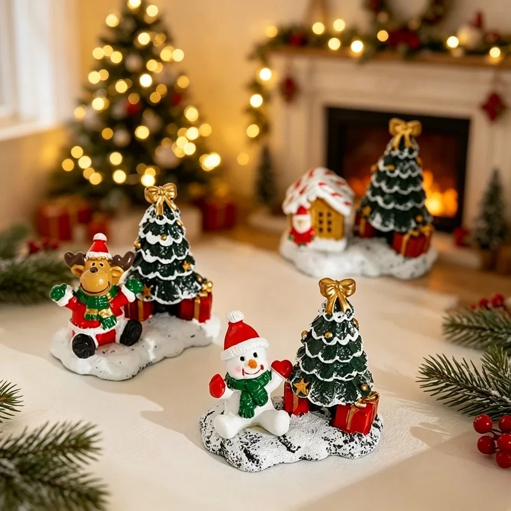 Christmas Resin Figurine Set, Snowman Reindeer Santa House Mini Statues, Christmas Tree Winter Village Scene Desktop Ornaments