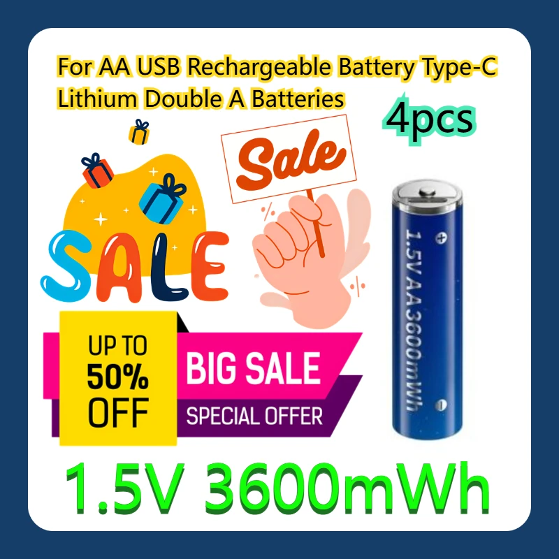 

For AA USB Rechargeable Battery 1.5V Type-C Lithium Double A Batteries 3600mWh 4pcs