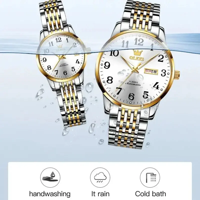 Olevs 6666 luxury automatic mechanical couple watch waterproof stainless steel lover anniversary his or her watch set