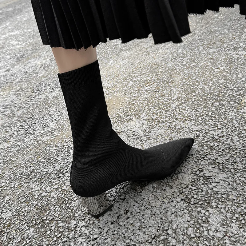 

Arden Furtado 2025 Autumn Elastic knitt Short boots Pointed toe pull-on Chunky heels Skinny boots Commuter Women's Boots