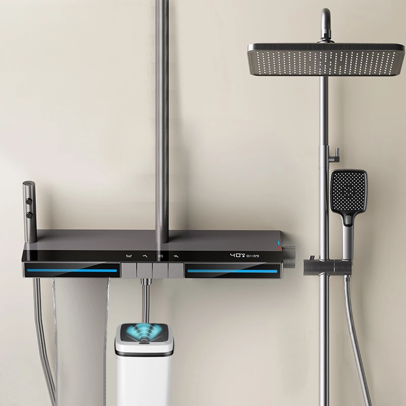 욕실 다기능 디지털 디스플레이 샤워 시스템 황동 피아노 키 노출형 온도 조절 수도꼭지 소프트 & 레인 스프레이 패턴