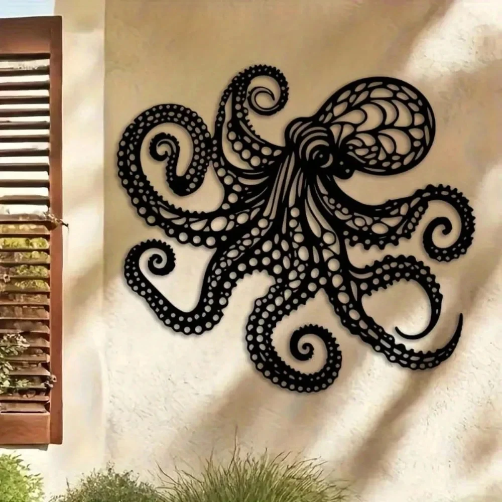 Large Metal Octopus Wall Art Sculpture Victorian Gothic Black Laser-Cut Tentacles Ocean Bathroom Decorative Metal Piece