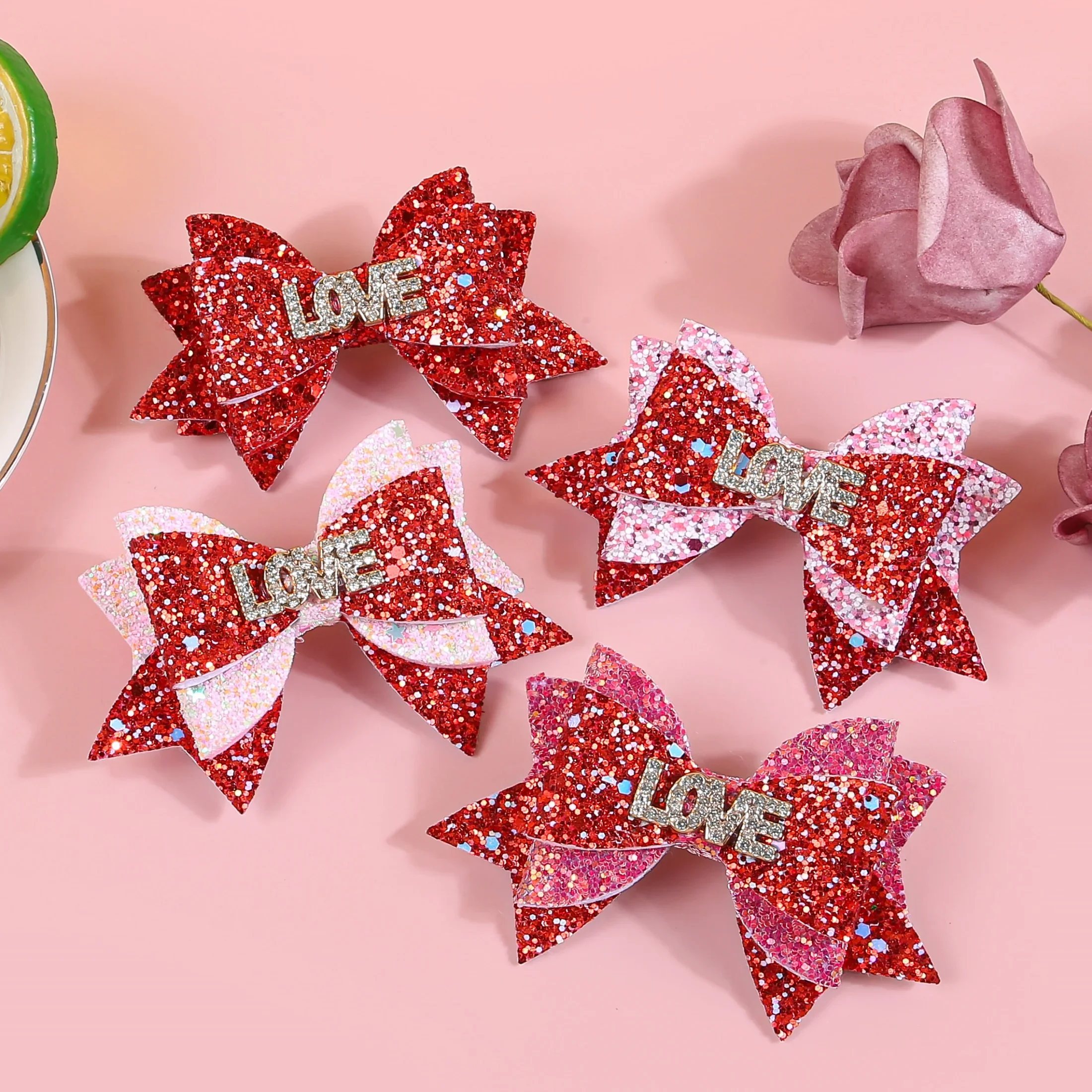 1/4pcs Valentine's Day Hair Clips for Girls Love Glitter Hair Bows Barrettes Clips for Girls Kids Party Hair Accessories