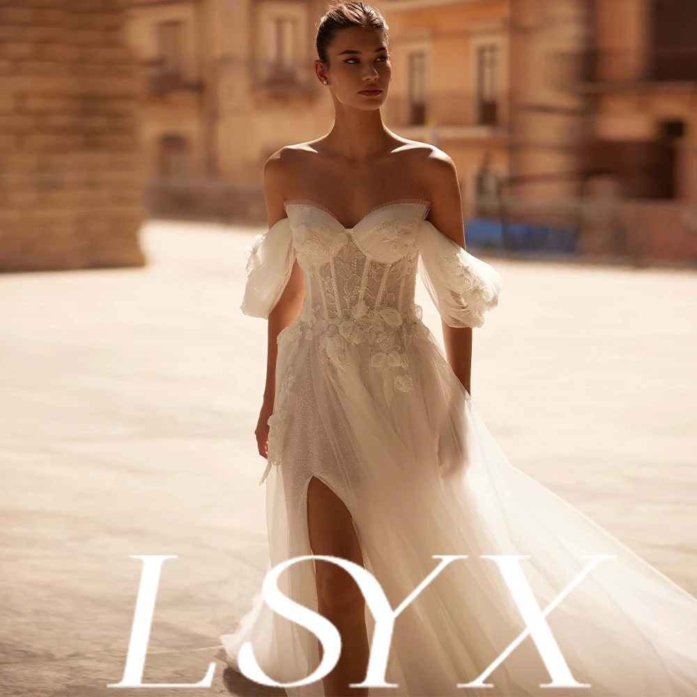 LSYX – robe de mariée personnalisée en Tulle, épaules dénudées, fente haute, décoration florale, Style romantique et élégant, Compatible avec les événements, détail exquis