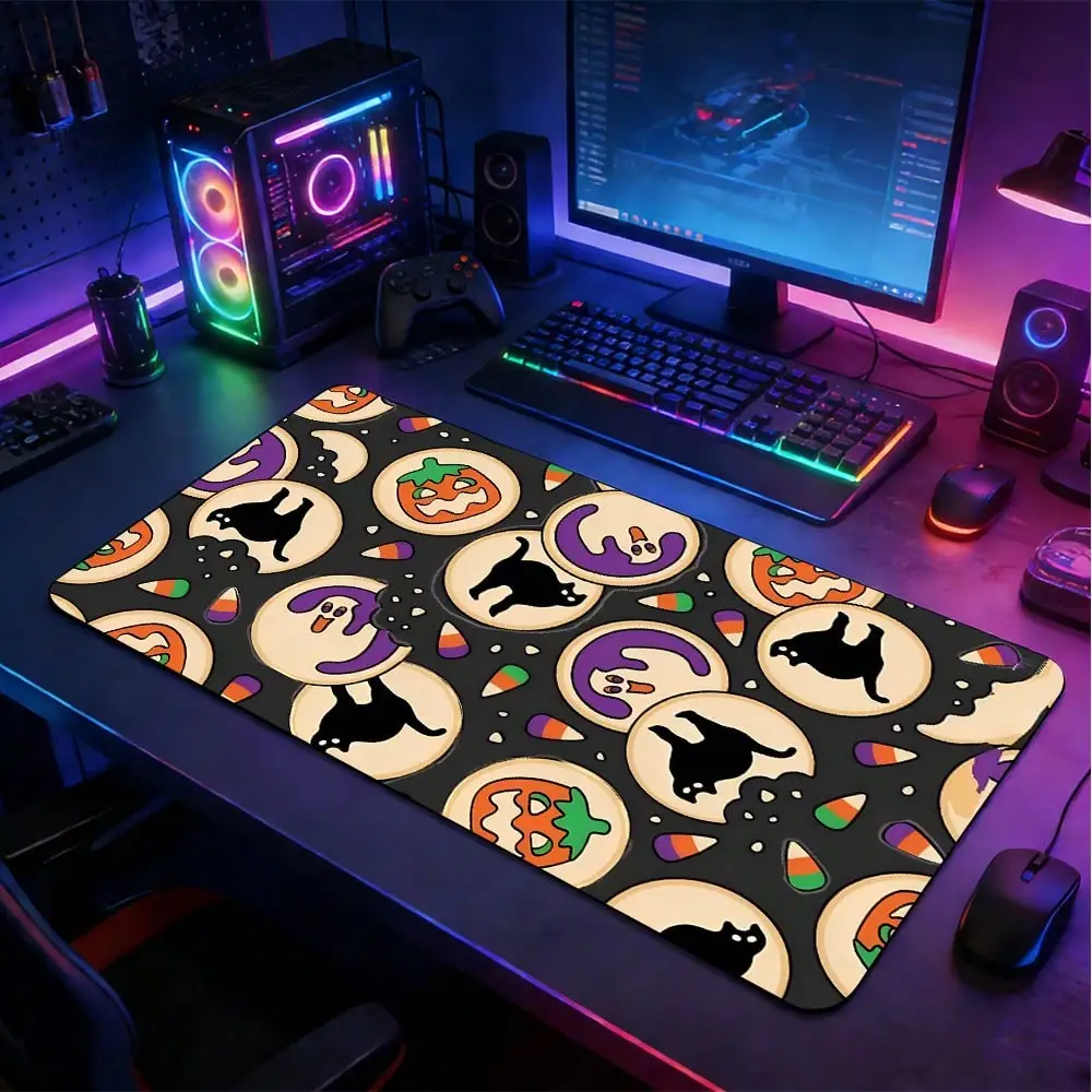 1pc Extra Large Extended Cartoon Halloween Cookie Black Cat Pumpkin Candy Full Print Mouse Pad, With Non-Slip Rubber Base And Stitched Edge Soft Fabric Keyboard